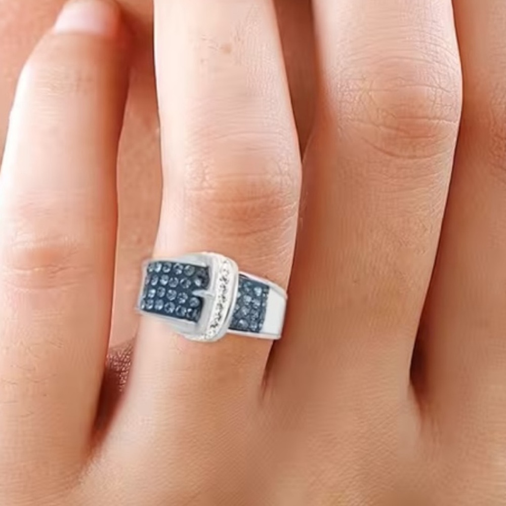 Blue and clear Austrian crystal BUCKLE ring size 7 silver plated
